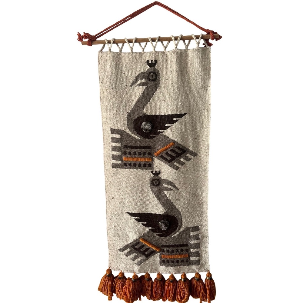 Vintage‎ Hand-Woven Wool BIRD Tapestry Brass and Bead accent Wall Hanging